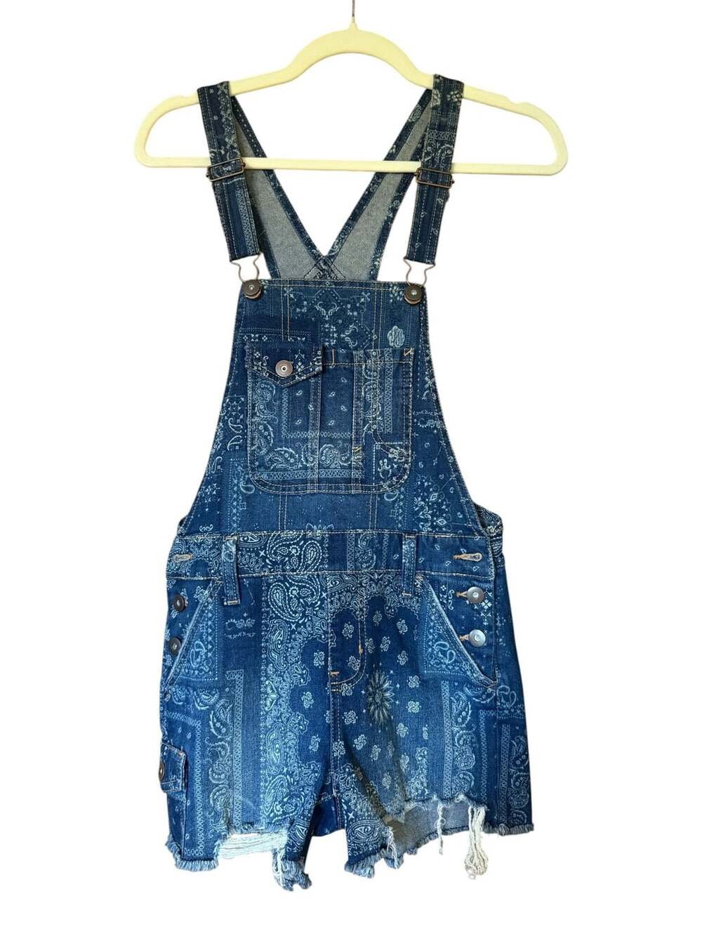 No Boundaries Blue Bandana Paisley Print Denim Overall Shorts XS